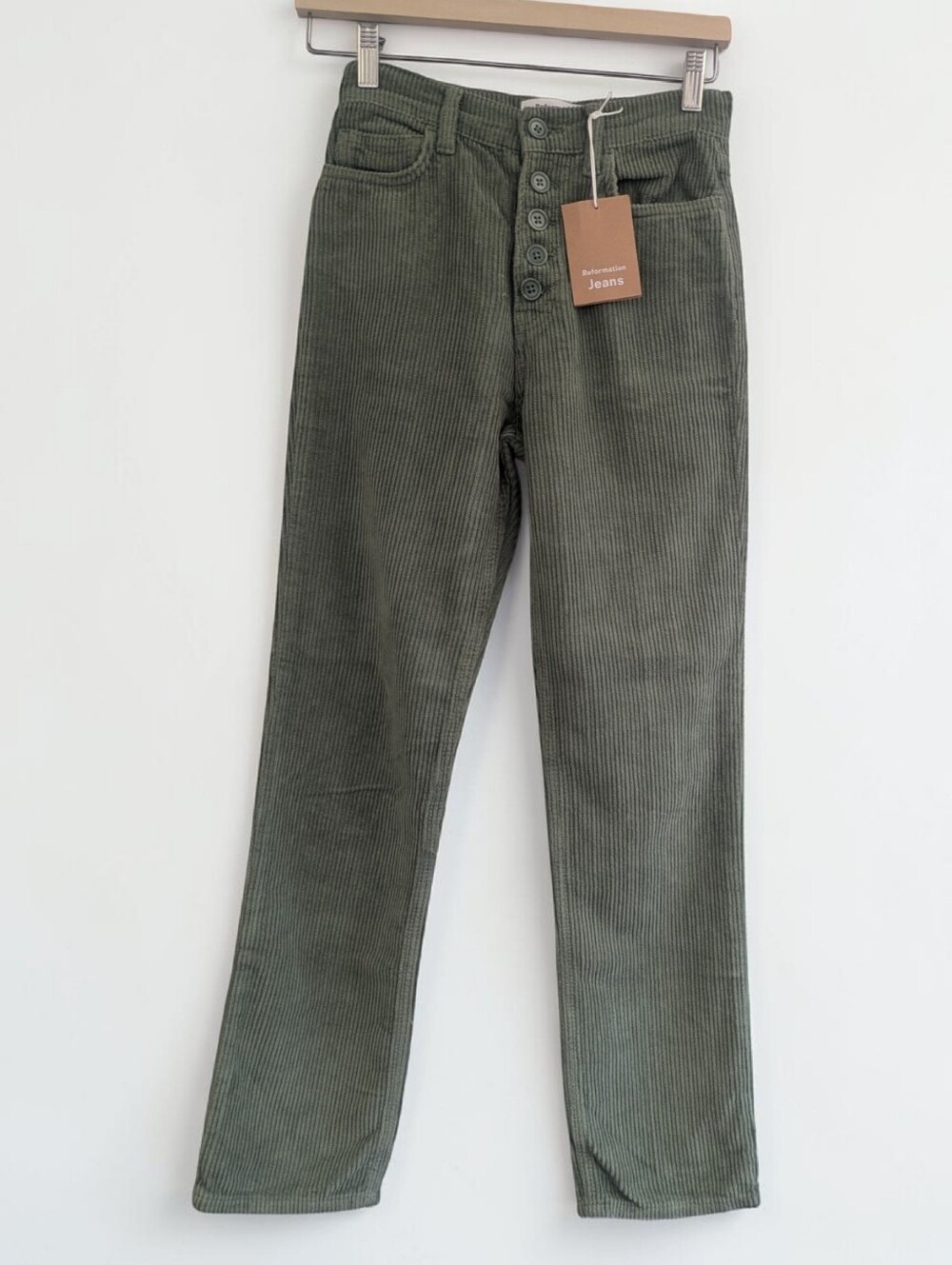 Reformation Moss Green Cynthia Button Fly High Rise Straight Corduroy Pants. NWT
